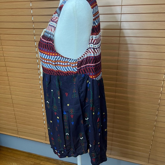 Umgee Women's Small Tunic Tank Dress Boho Floral Aztec V Neck Blue Red Tassels - Picture 3 of 6